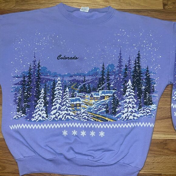 Vintage 90s Puff Paint Colorado Mountains Graphic Sweatshirt USA Womens Size M/L - Picture 2 of 11